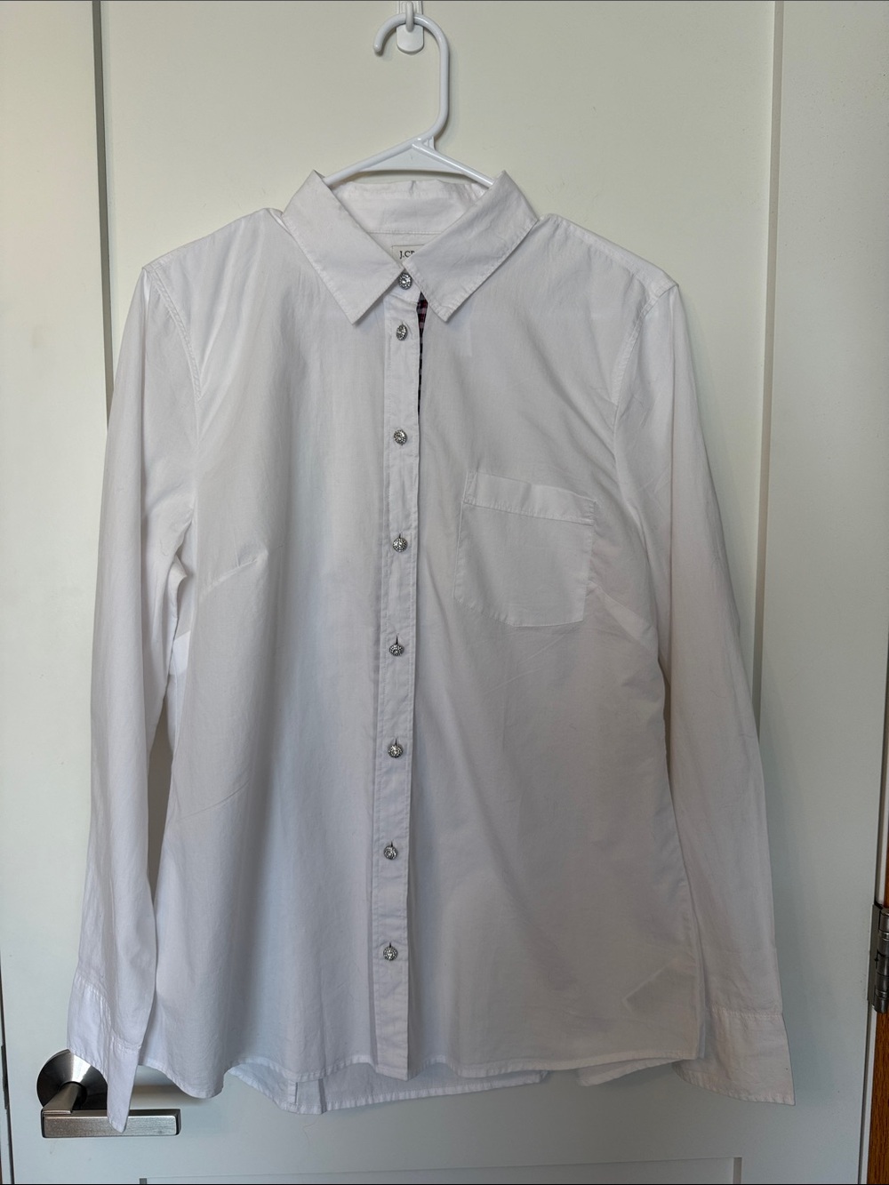 J. Crew White Button-Down Shirt. Plaid ribbon deand beautiful rhinestone buttons